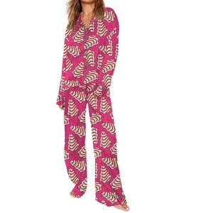 SHESHOW Womens XL Pajama Set Long Sleeve Button Pink satin Christmas Trees cakes